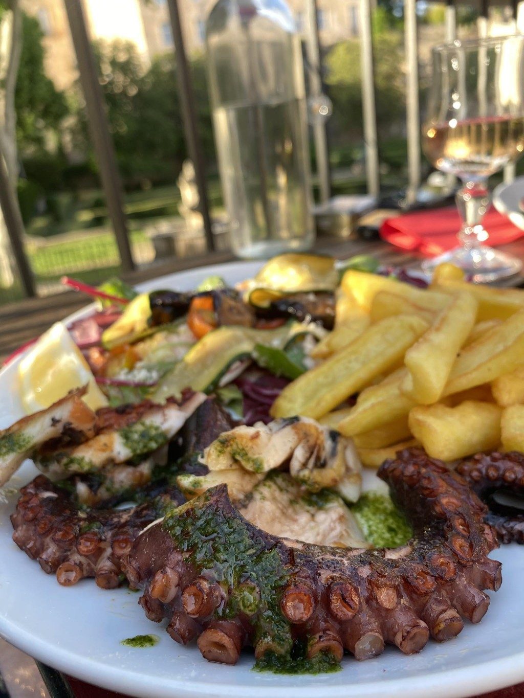 Une assiette de viande grillée avec des frites et des légumes